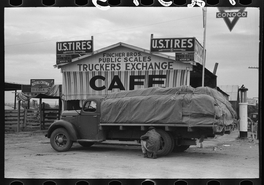 [Untitled photo, possibly related to: Truck in front of public scales, De Leon, Texas] by Russell Lee