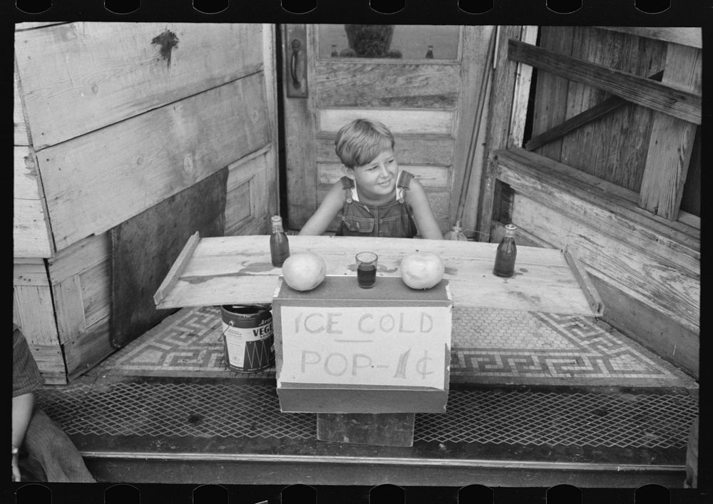 Ice cold pop, children's stand in farm marketing section, Muskogee, Oklahoma by Russell Lee