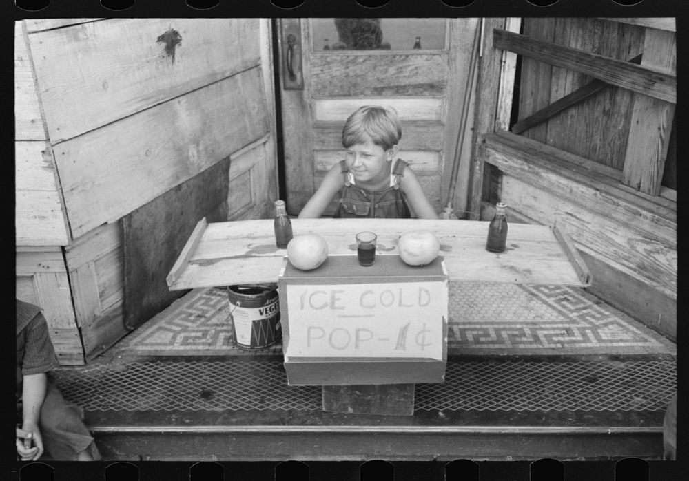 [Untitled photo, possibly related to: Ice cold pop, children's stand in farm marketing section, Muskogee, Oklahoma] by…