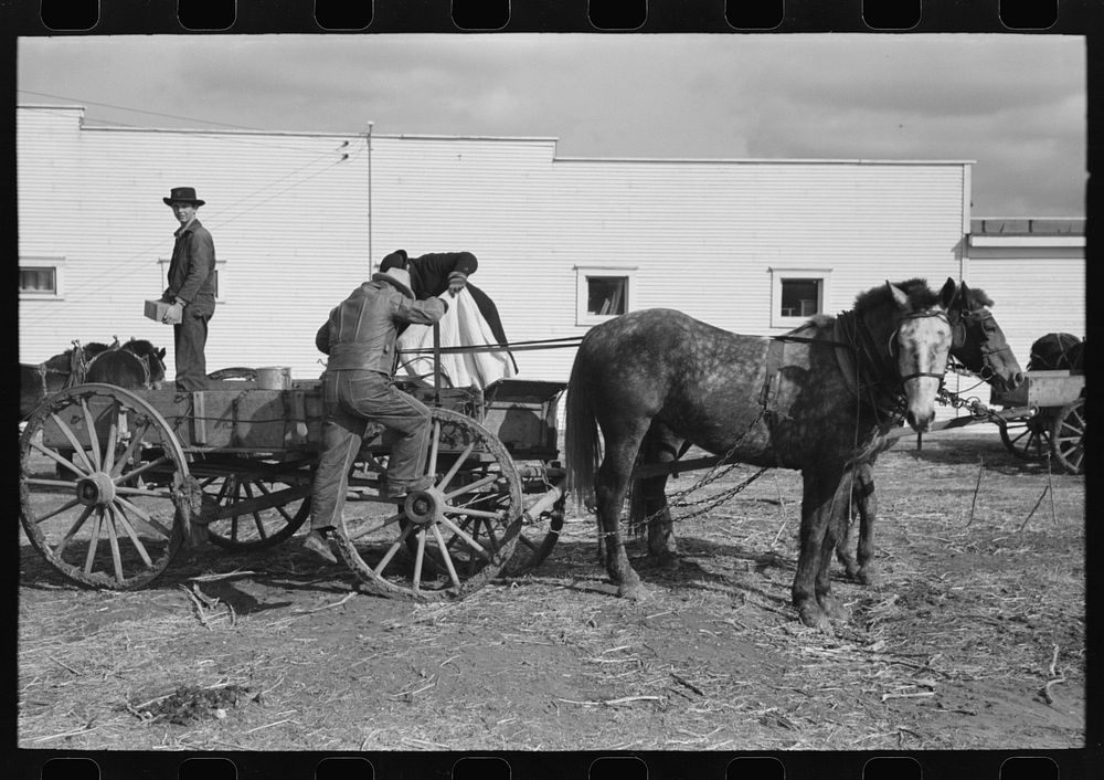 [Untitled photo, possibly related to: Farmer taking milk to milk station, Eufaula, Oklahoma] by Russell Lee