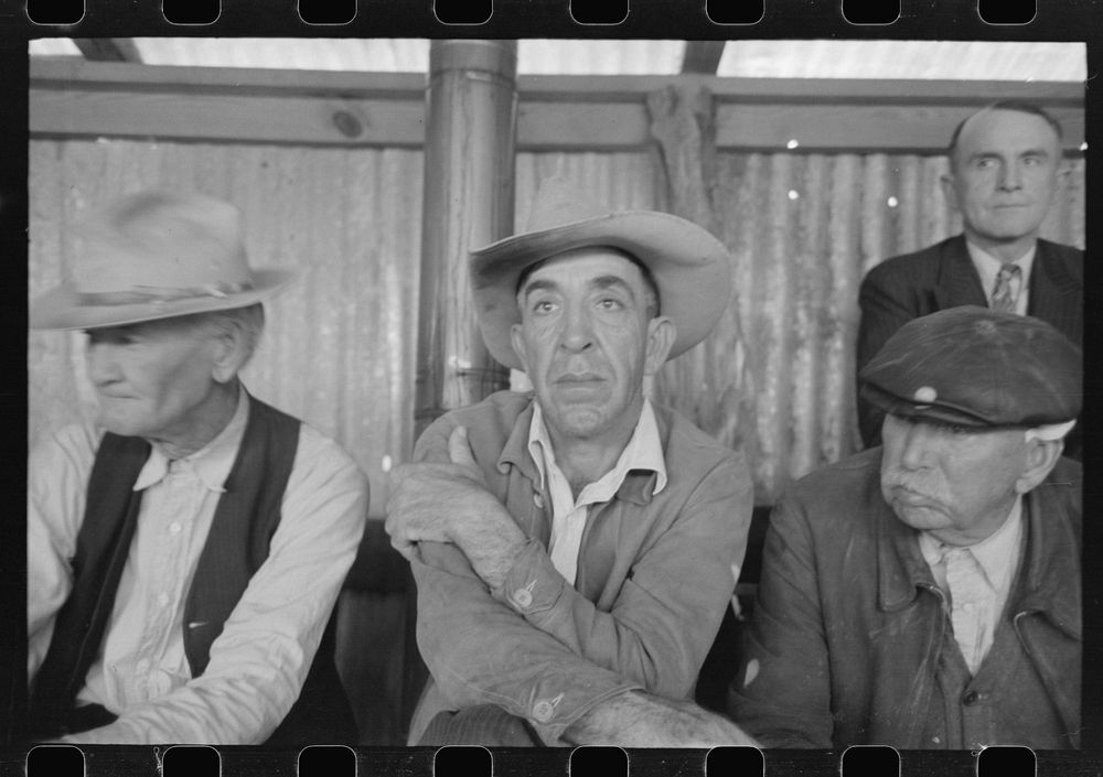 Spectators at stock auction at west Texas stockyards, San Angelo, Texas by Russell Lee