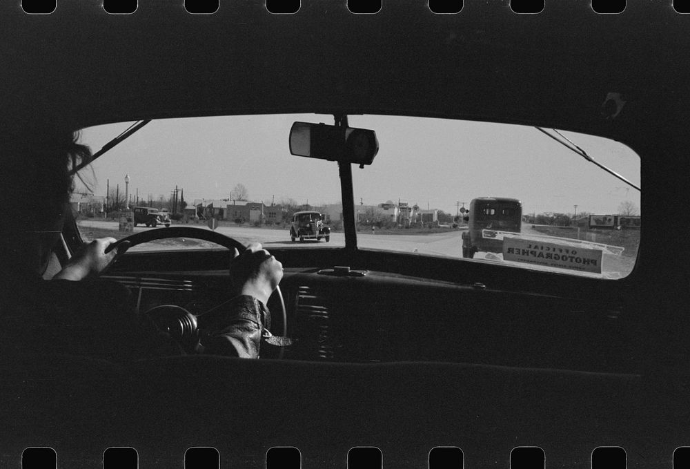 Highway in Bexar County, from an automobile by Russell Lee