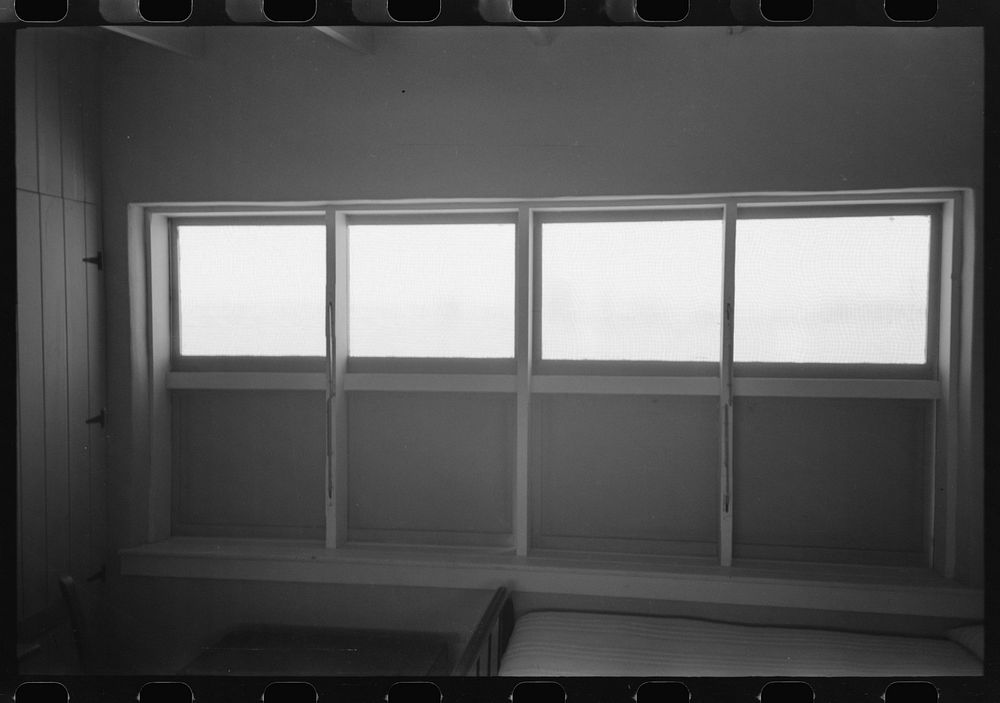 [Untitled photo, possibly related to: Windows in bedroom of family apartment at the Arizona Part-Time Farms, Chandler Unit…
