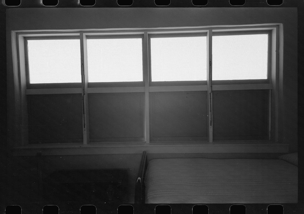 [Untitled photo, possibly related to: Windows in bedroom of family apartment at the Arizona Part-Time Farms, Chandler Unit…