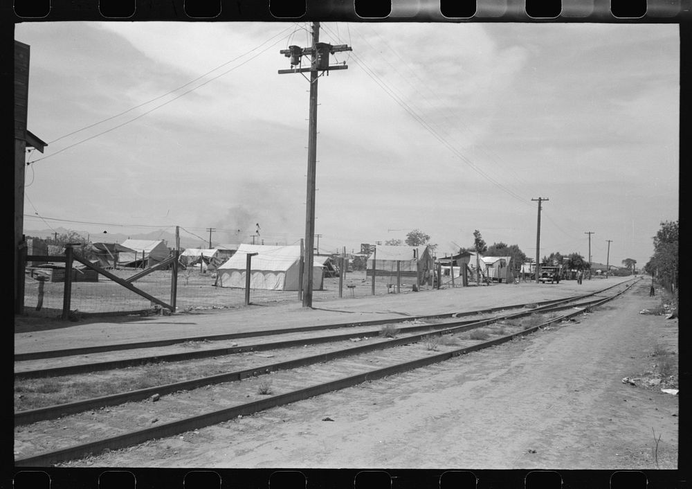 Tents used for dwellings near the railroad tracks in Phoenix, Arizona by Russell Lee