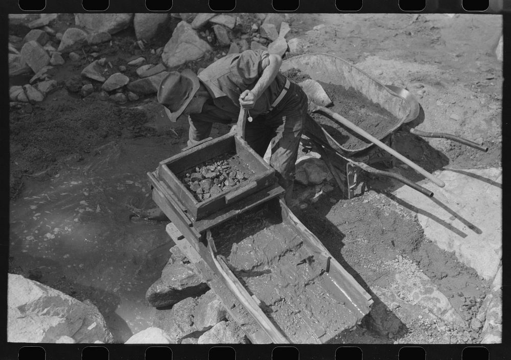 [Untitled photo, possibly related to: Eugene Davis, gold prospector, operating "rocker". Rocks and sticks remain in the…