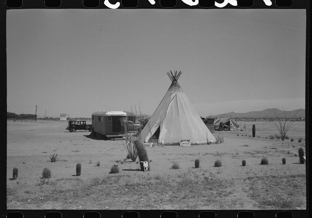 [Untitled photo, possibly related to: Medicine man's tent and trailer, Maricopa County, Arizona] by Russell Lee