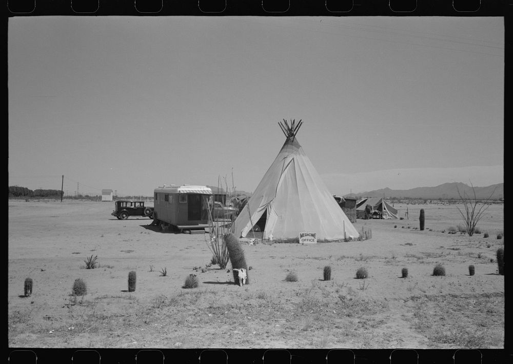 Medicine man's tent and trailer, Maricopa County, Arizona by Russell Lee