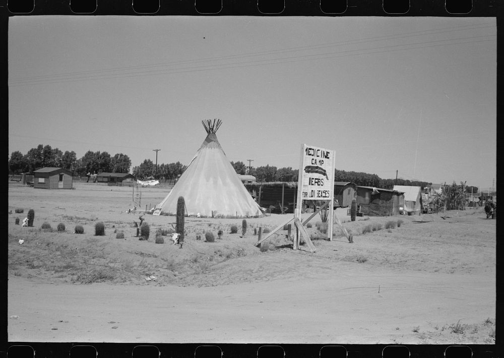Medicine and herb doctor's sign and tent, Maricopa County, Arizona by Russell Lee