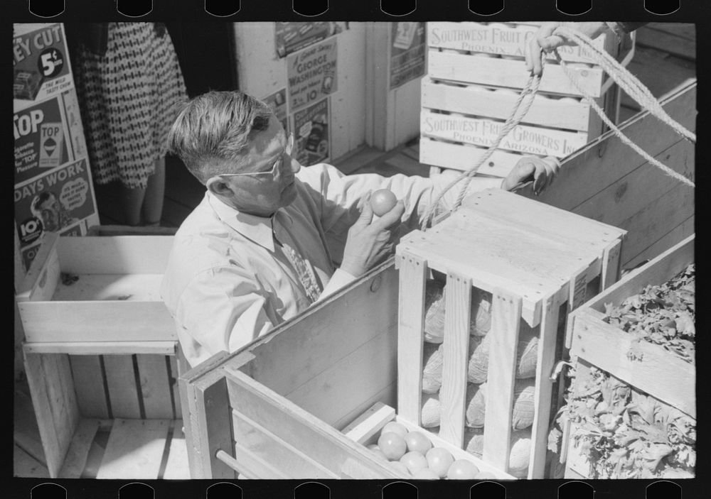 Mr. Keele examining oranges before buying them from trucker. General store. Pie Town, New Mexico by Russell Lee