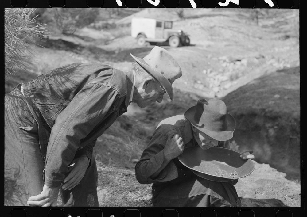 Gold prospector blowing away dirt to find the gold in his pan while a visiting prospector looks on. Pinos Altos, New Mexico…