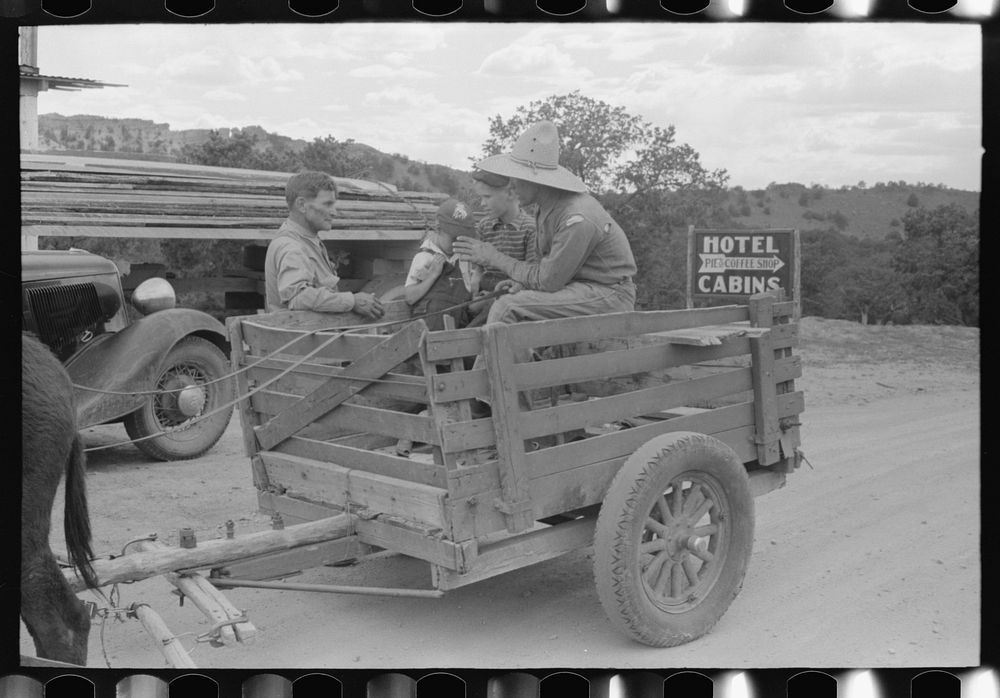 [Untitled photo, possibly related to: Mr. Leatherman starting for home in his burro-drawn cart. The handles of the cart…