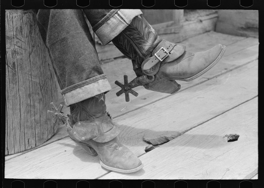 Detail of farmer's boots and spurs, Pie Town, New Mexico by Russell Lee