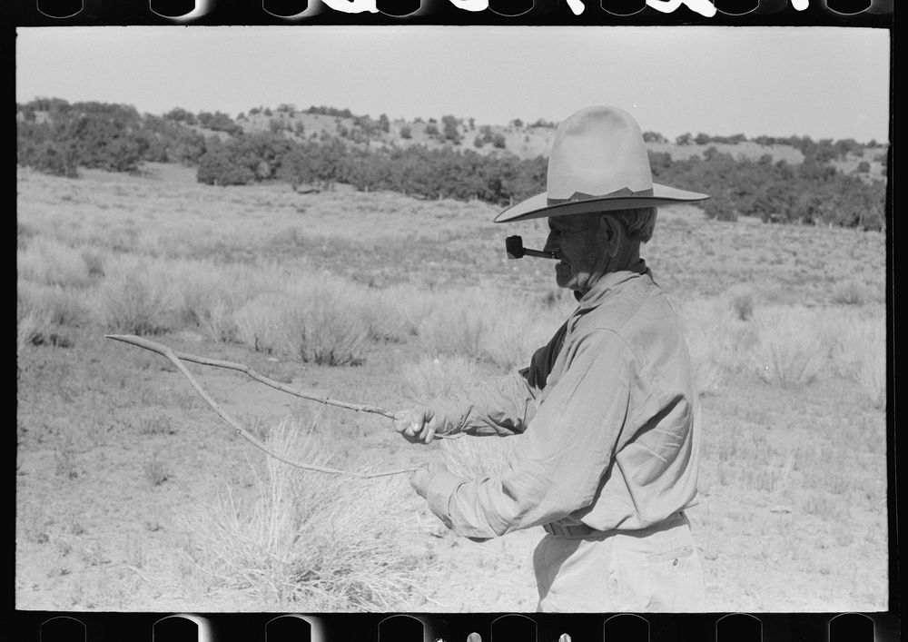 [Untitled photo, possibly related to: Water witch. Green forked stick is held firmly thus. Pie Town, New Mexico] by Russell…