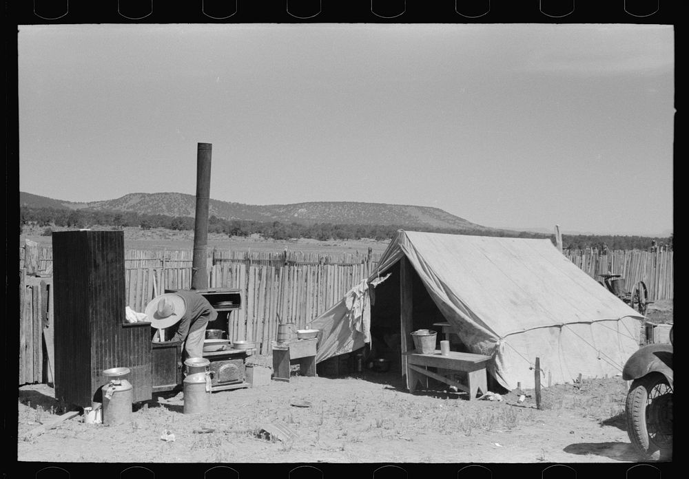 Temporary camp of the Caudills while they are moving their dugout. Pie Town, New Mexico by Russell Lee