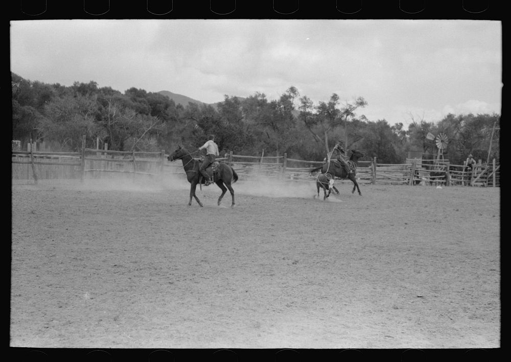 [Untitled photo, possibly related to: Calf roping, rodeo at Quemado, New Mexico] by Russell Lee