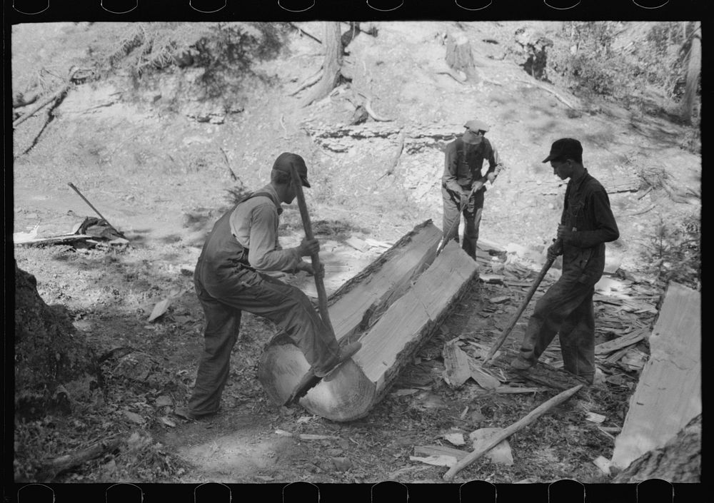 Splitting log, tie-cutting camp, Pie Town, New Mexico by Russell Lee