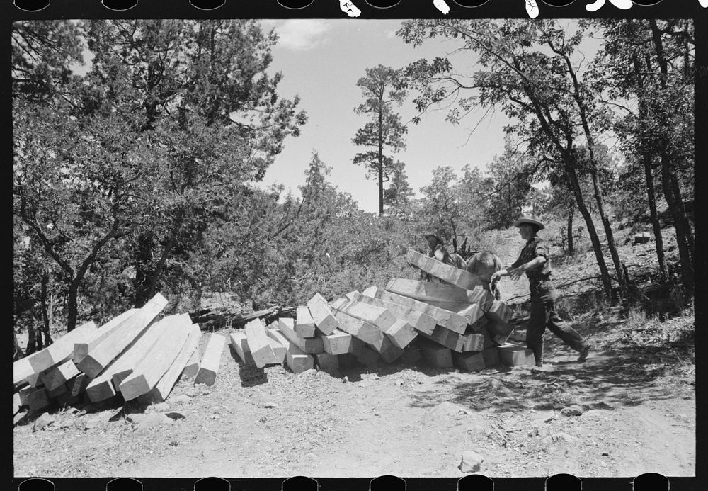 [Untitled photo, possibly related to: Stack of ties which have been hewn out with broadaxe. Men are loading ties for…