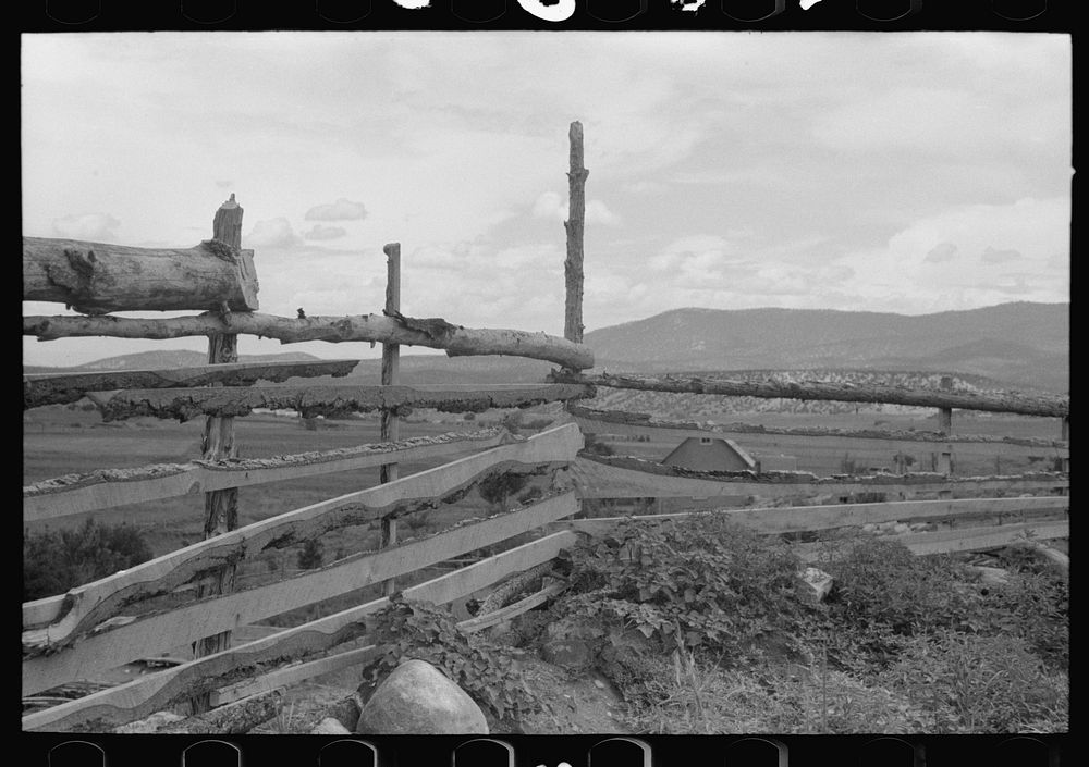 Spanish-American farmers often use slabs to build fences. Chamisal, New Mexico by Russell Lee