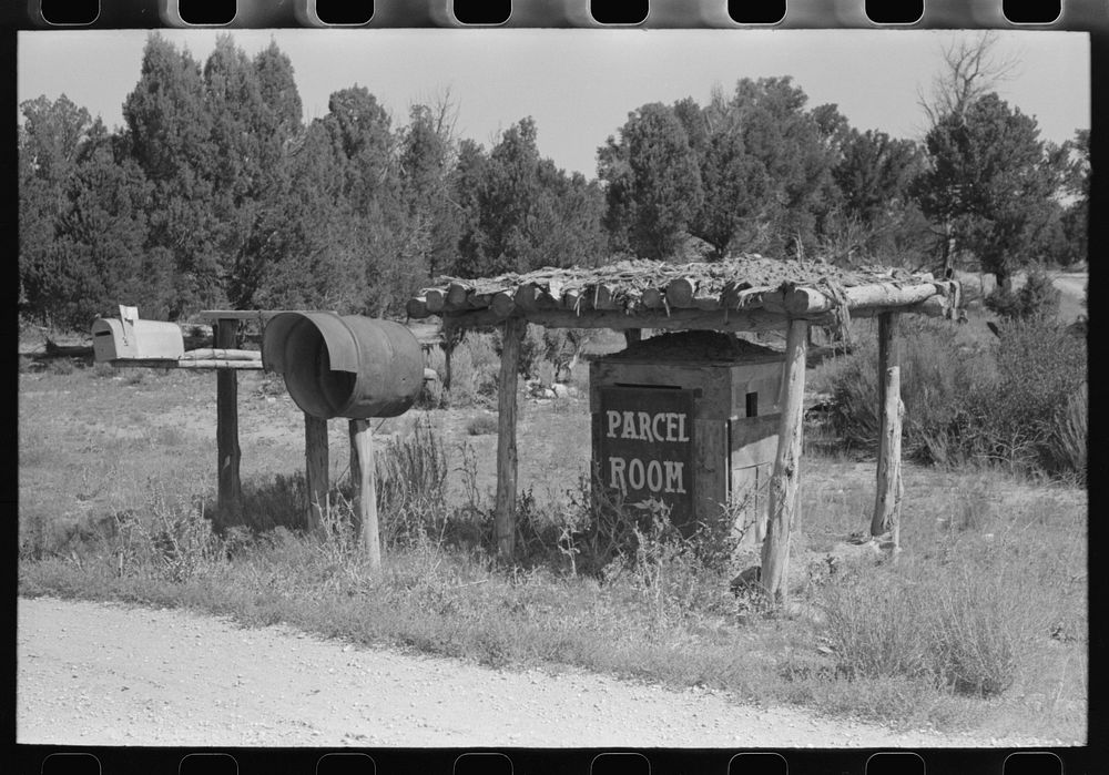 [Untitled photo, possibly related to: Mail boxes and parcel room along Highway 160, San Juan County, Utah] by Russell Lee