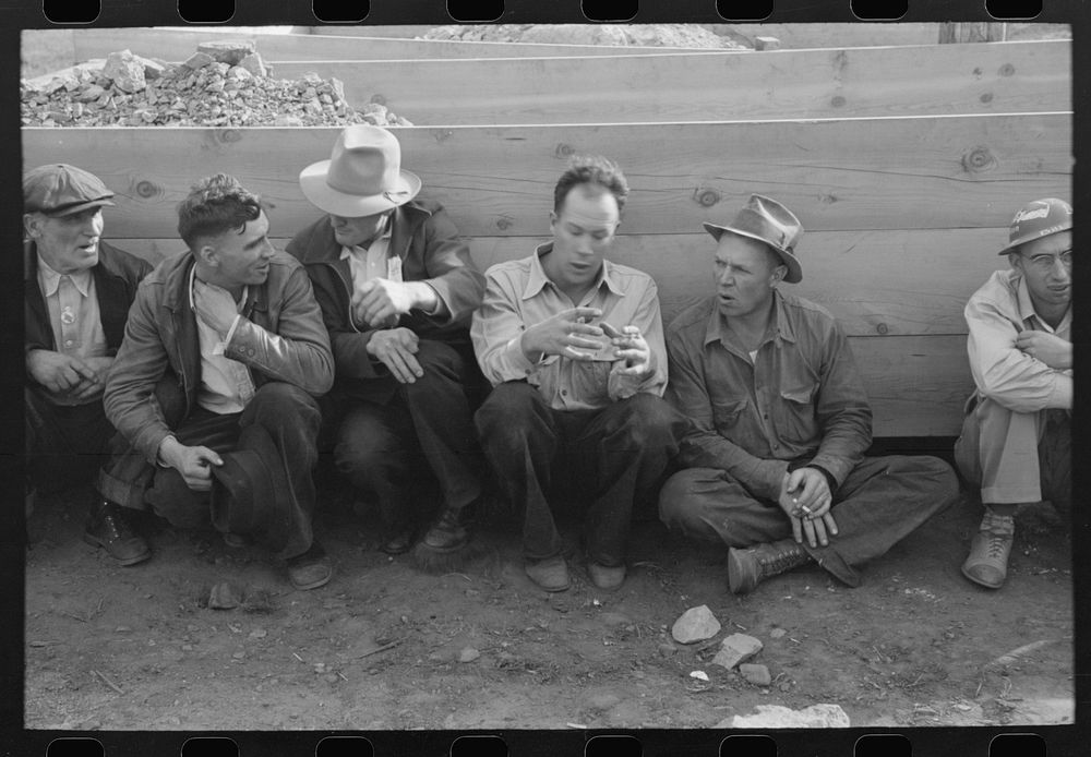 [Untitled photo, possibly related to: Group of miners talking at Labor Day celebration, Silverton, Colorado] by Russell Lee