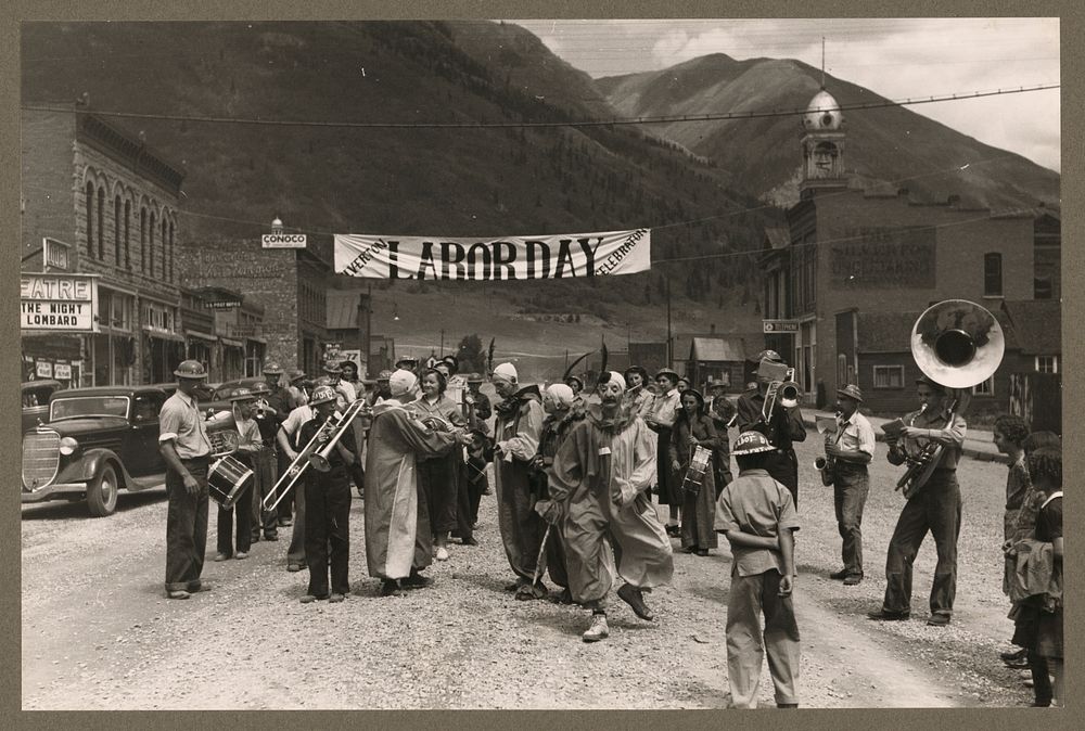 Band and clowns at Labor Day celebration, Silverton, Colorado by Russell Lee