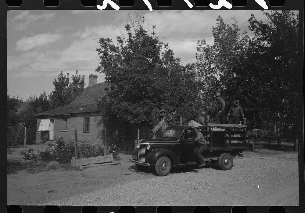 [Untitled photo, possibly related to: Group of Mormon farmers getting ready to leave Santa Clara, Utah (their homes) to…