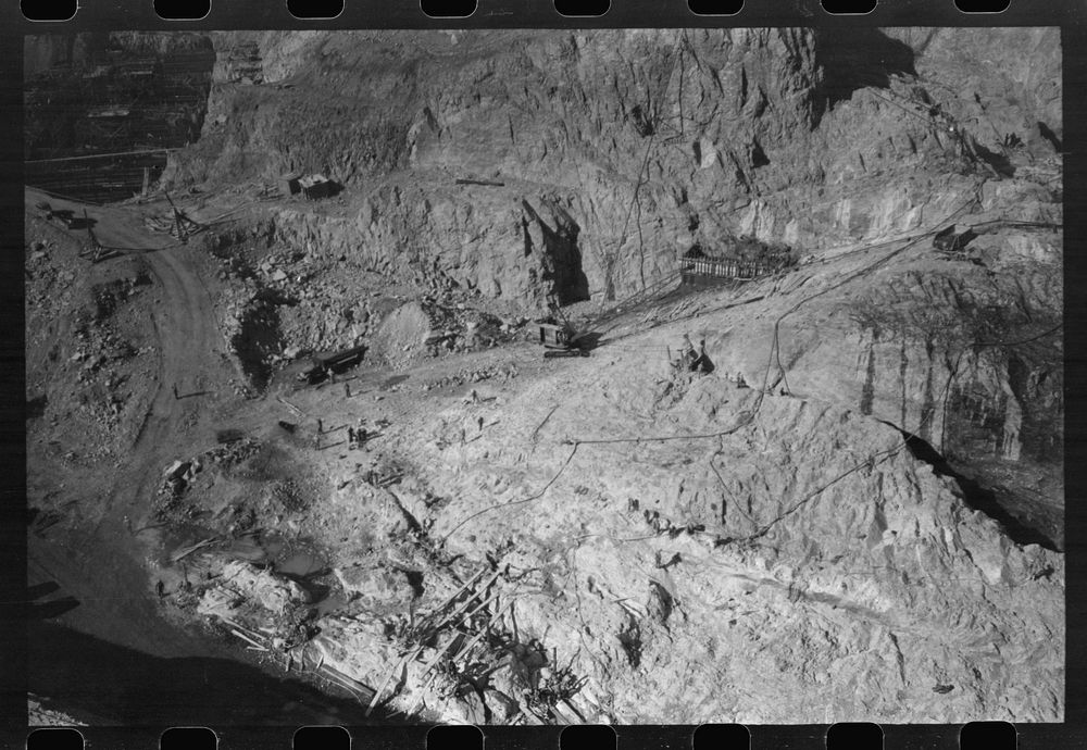 [Untitled photo, possibly related to: Shasta Dam under construction, looking down the river, Shasta County, California] by…