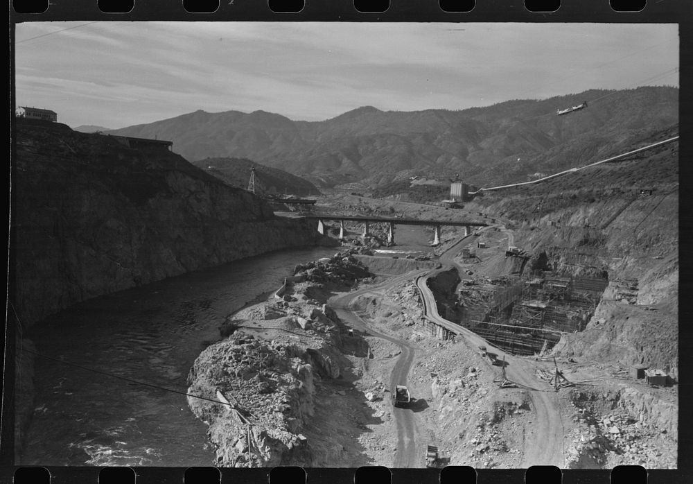 Shasta Dam under construction, looking down the river, Shasta County, California by Russell Lee