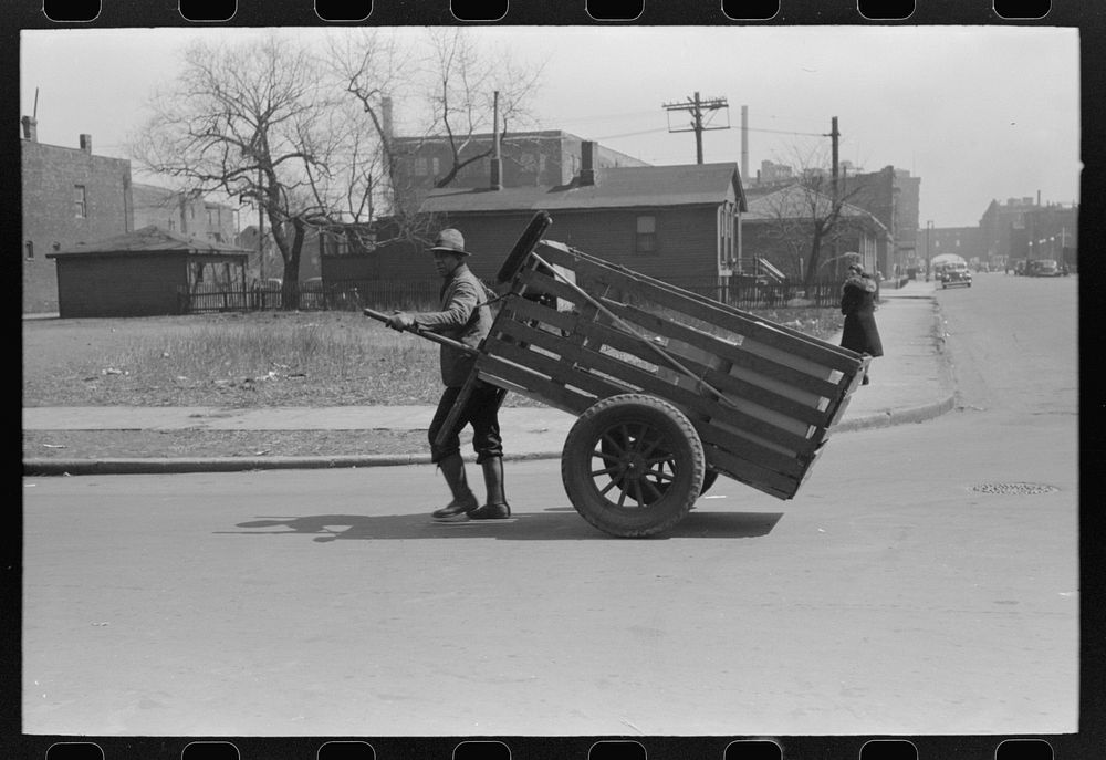 [Untitled photo, possibly related to: Man-drawn carts are common on South Side of Chicago, Illinois] by Russell Lee