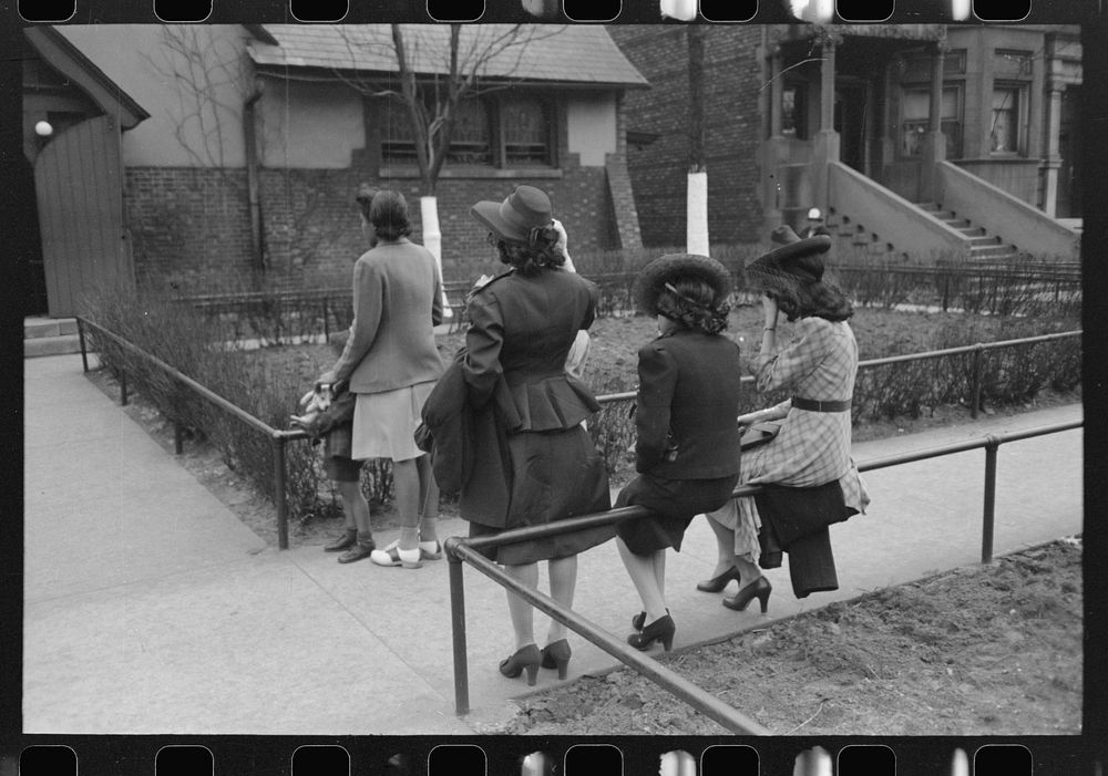 [Untitled photo, possibly related to: Girls waiting for Episcopal Church to end so they can see the processional, South Side…