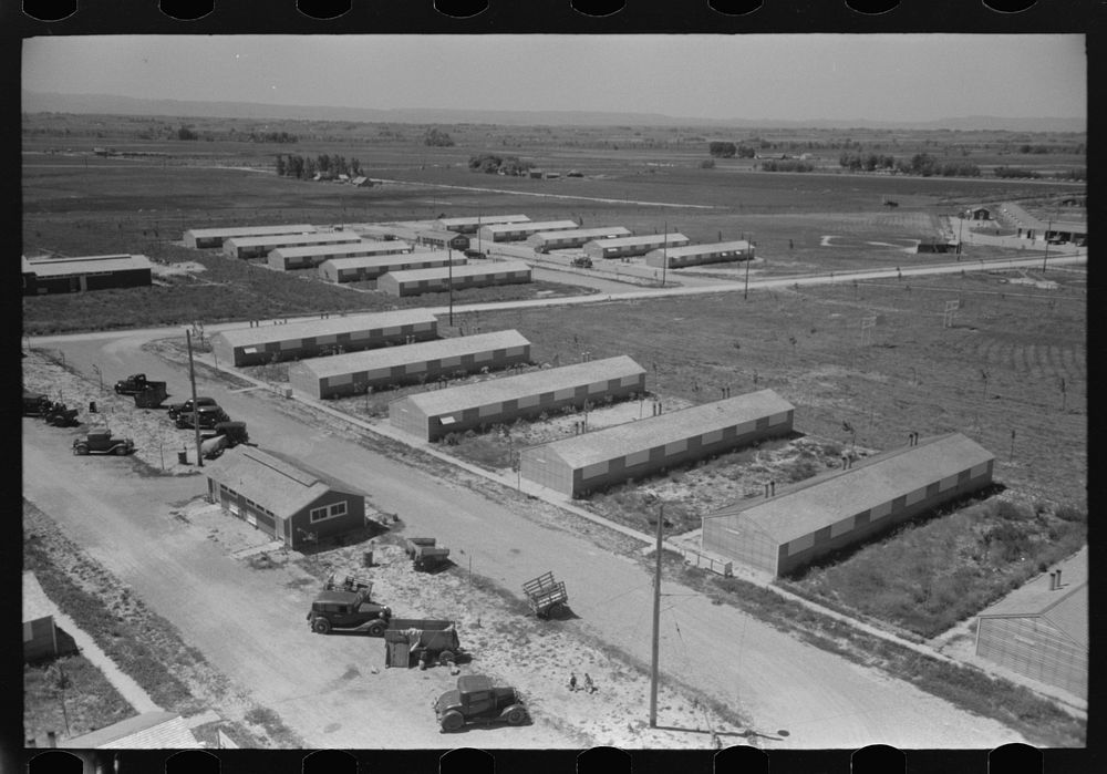 Row shelters of farm workers at the FSA (Farm Security Administration) labor camp. Caldwell, Idaho by Russell Lee