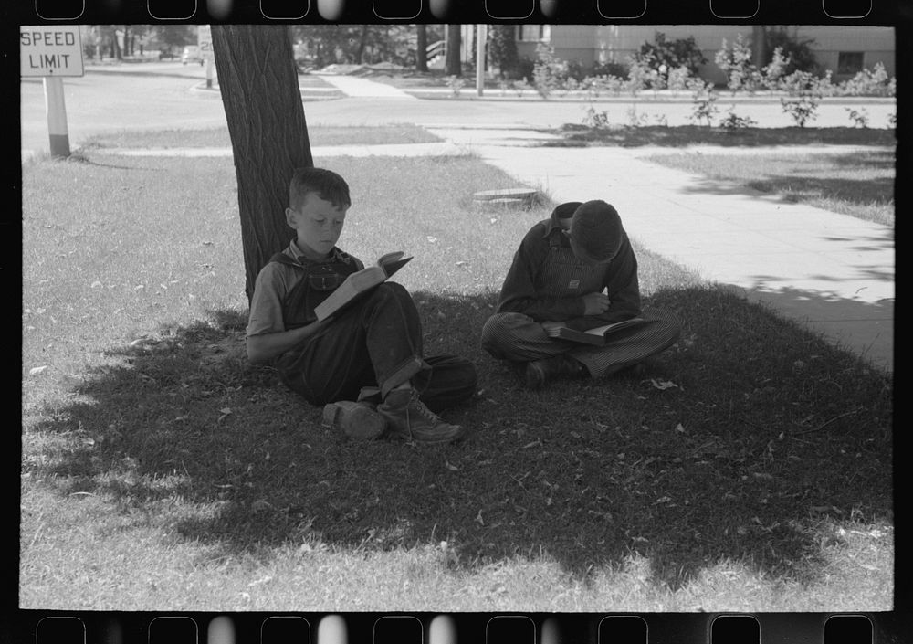 Boys read storybooks in the shade. Caldwell, Idaho by Russell Lee