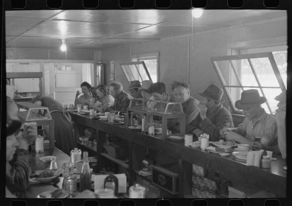 Men who work on mechanical hop picking machines have lunch at the company restaurant, Yakima Chief Hop Ranch, Yakima County…