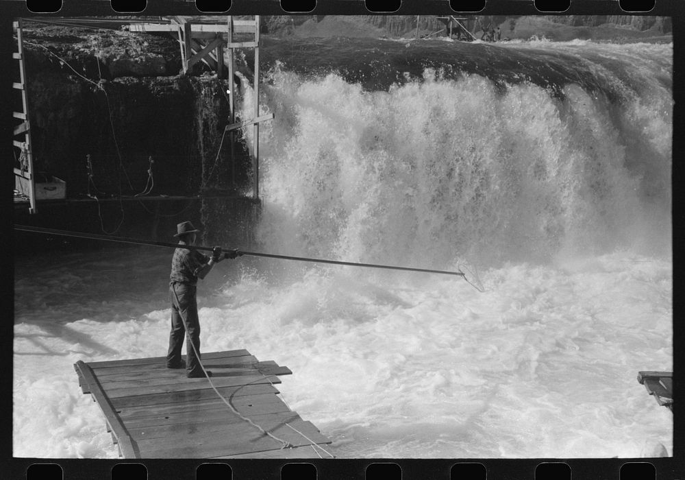 [Untitled photo, possibly related to: Indians fishing for salmon, Celilo Falls, Oregon] by Russell Lee