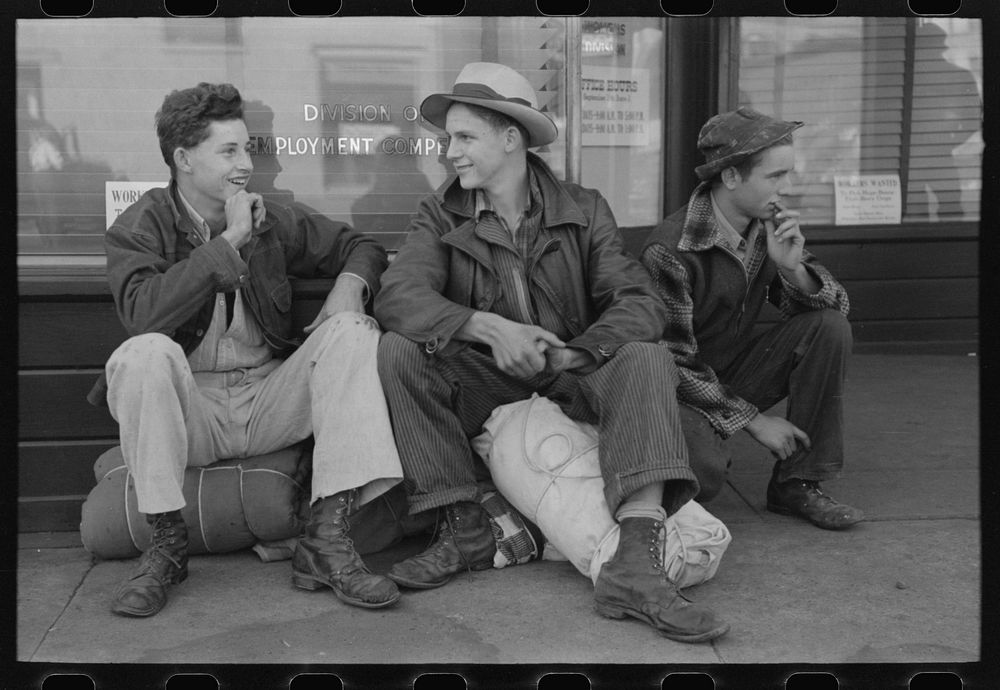 [Untitled photo, possibly related to: Boys looking for work wait for the Washington State Employment Service office to open…