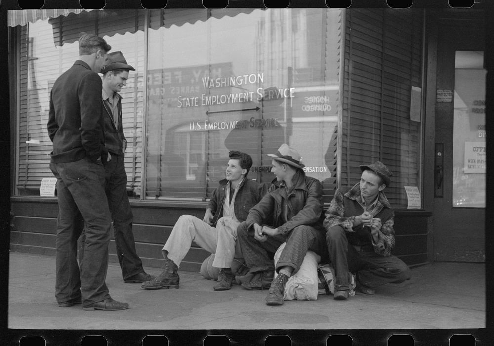 Boys looking for work wait for the Washington State Employment Service office to open in the morning, Yakima, Washington by…