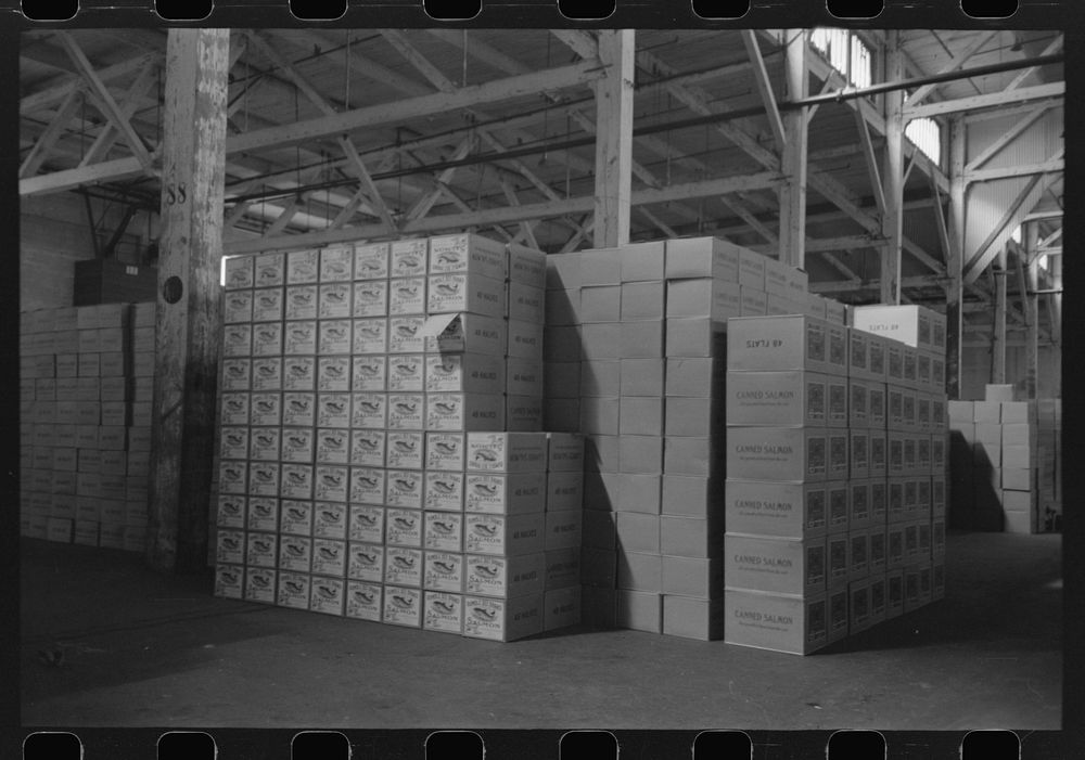 Cases of canned salmon in warehouse, Astoria, Oregon by Russell Lee