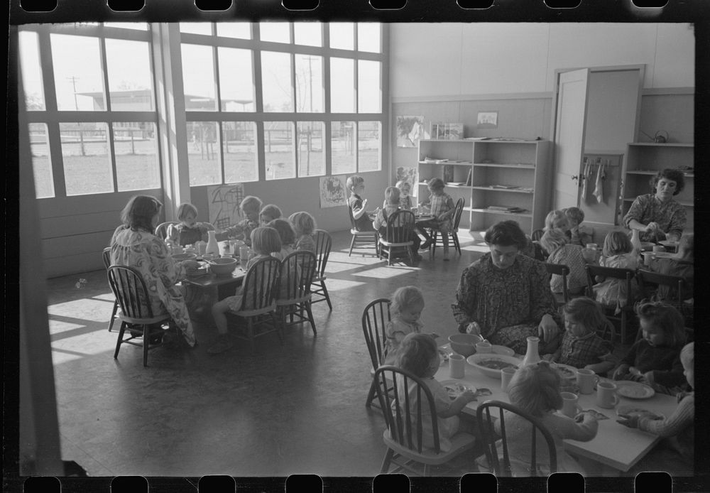 Lunch in the nursery school at the FSA (Farm Security Administration) farmworkers community, Woodville, California by…