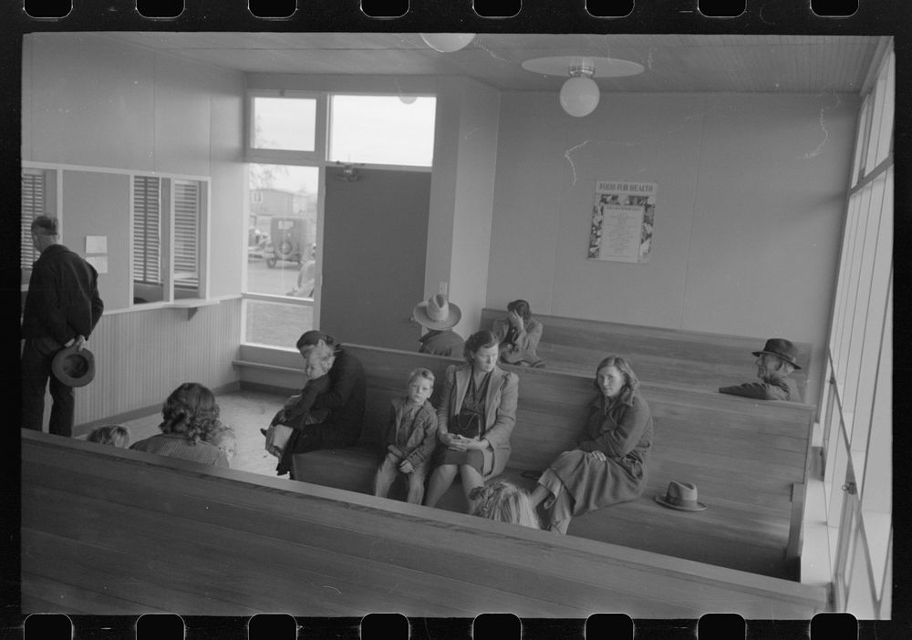 [Untitled photo, possibly related to: Agricultural workers wait in the clinic at the FSA (Farm Security Administration) farm…