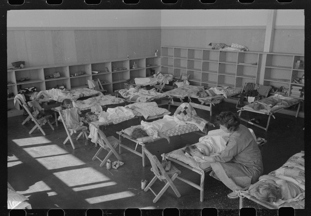 Nap time in the nursery school at the FSA (Farm Security Administration) farm workers community, Woodville, California by…