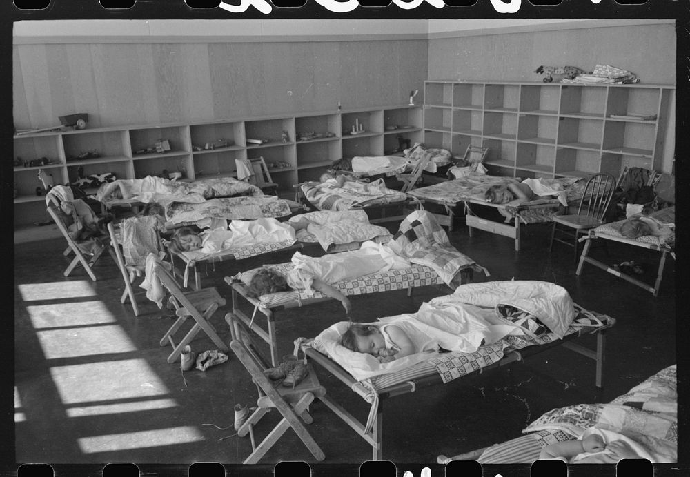 [Untitled photo, possibly related to: Nap time in the nursery school at the FSA (Farm Security Administration) farm workers…