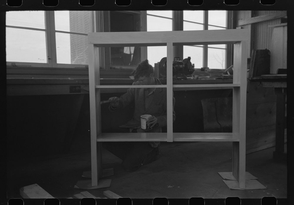 [Untitled photo, possibly related to: In the woodwork vocational training class, at the FSA (Farm Security Administration)…