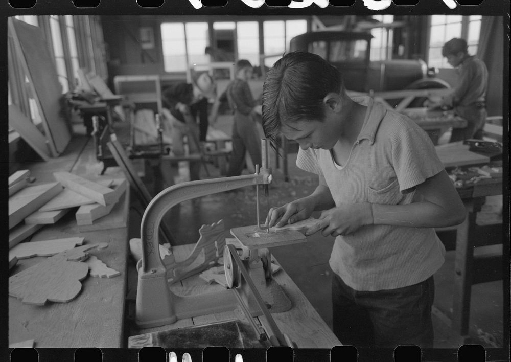 In the woodwork vocational training class, at the FSA (Farm Security Administration) farmworkers community, Eleven Mile…