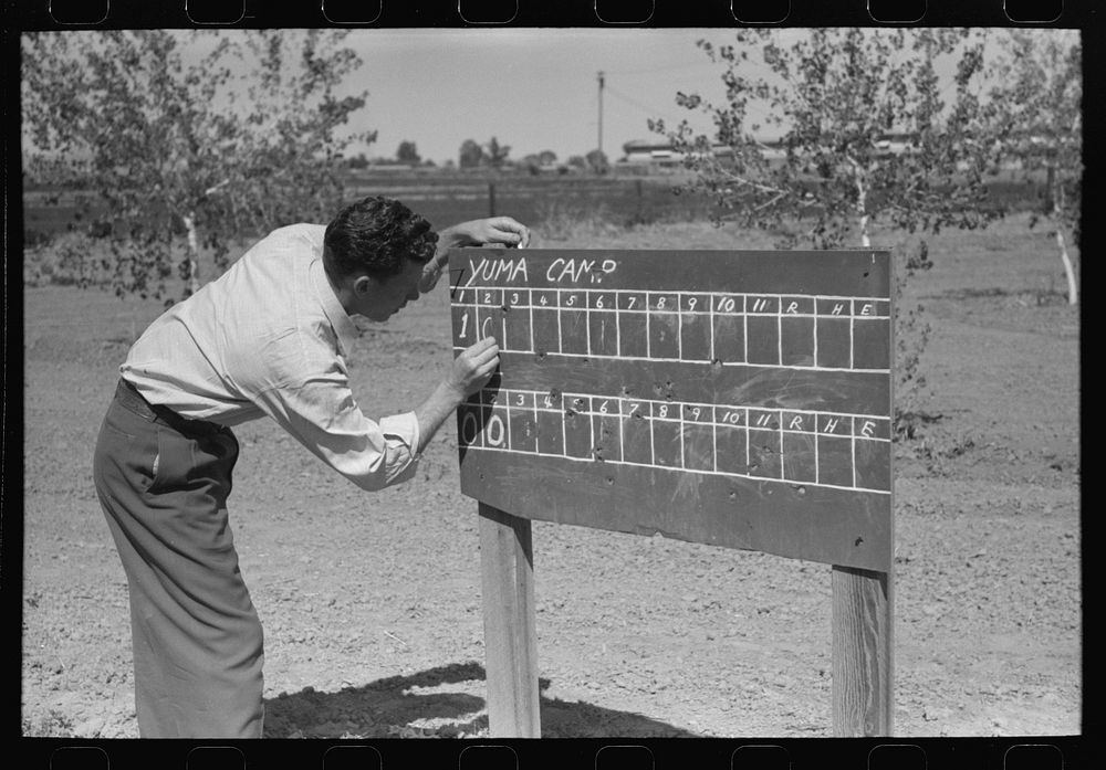 Scoreboard for baseball game at the annual field day of the FSA (Farm Security Administration) farmworkers community, Yuma…