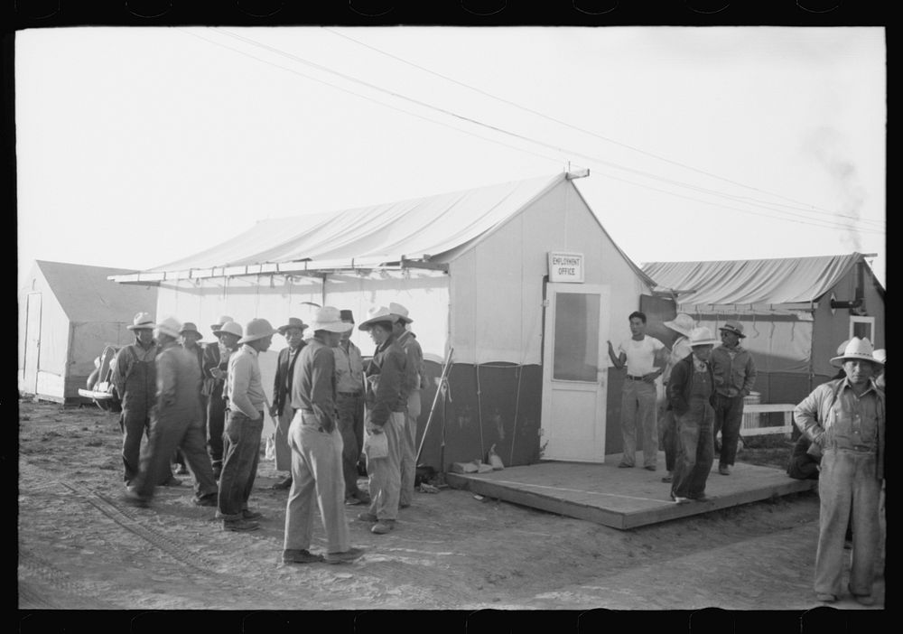 Nyssa, Oregon. FSA (Farm Security Administration) mobile camp. Japanese-American farm workers outside the employment office…