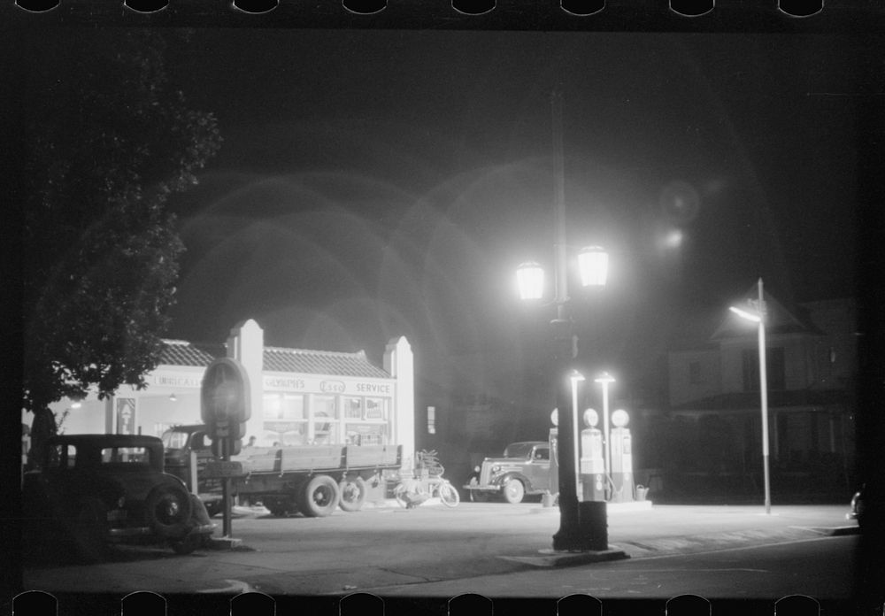 An "open all night" gas station in Durham, North Carolina. Sourced from the Library of Congress.