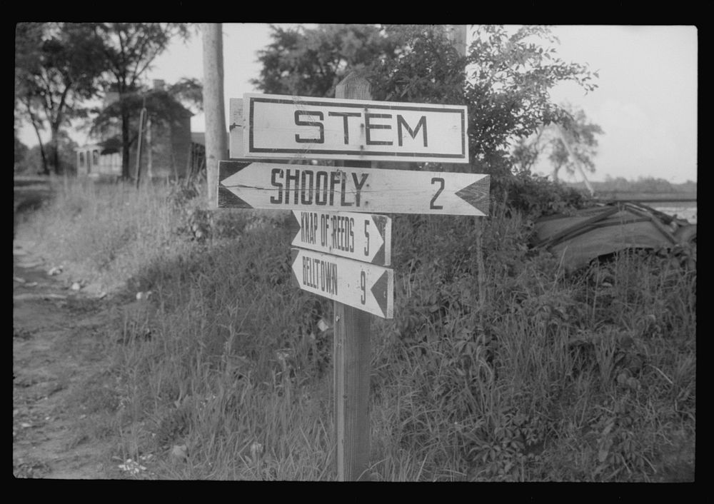 Road sign in Stem, North Carolina. Sourced from the Library of Congress.