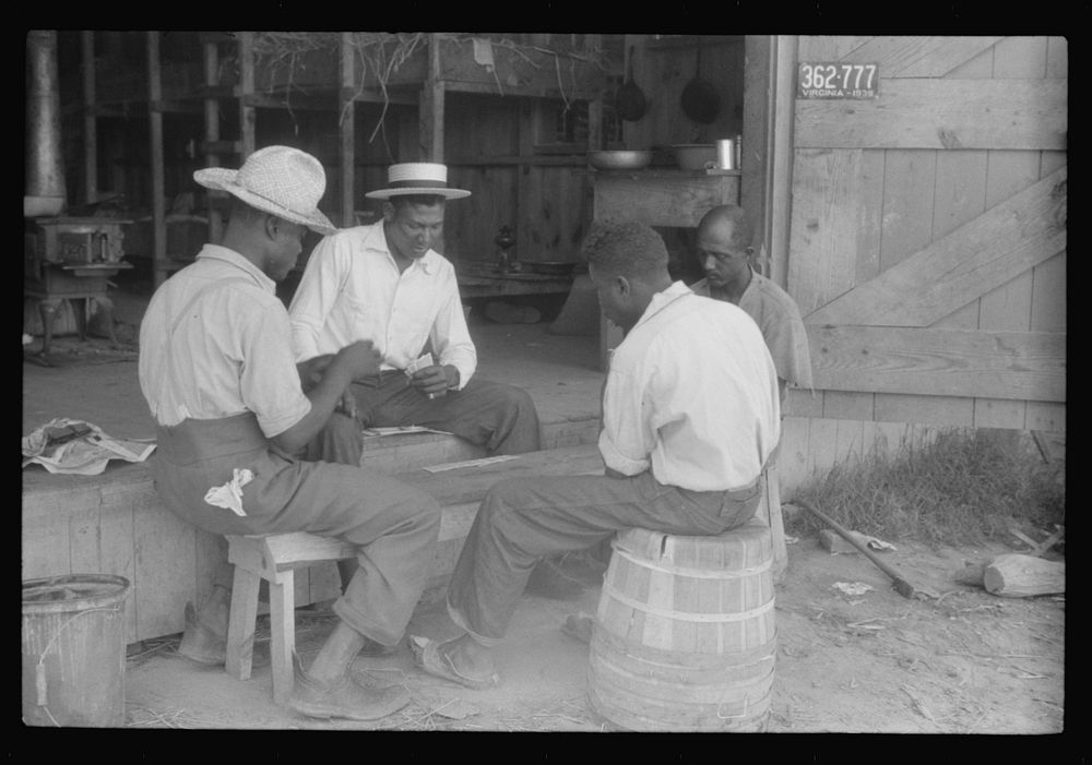 Migratory agricultural workers at Picket's Landing, Virginia. Card games are frequent but money seldom used. Sourced from…