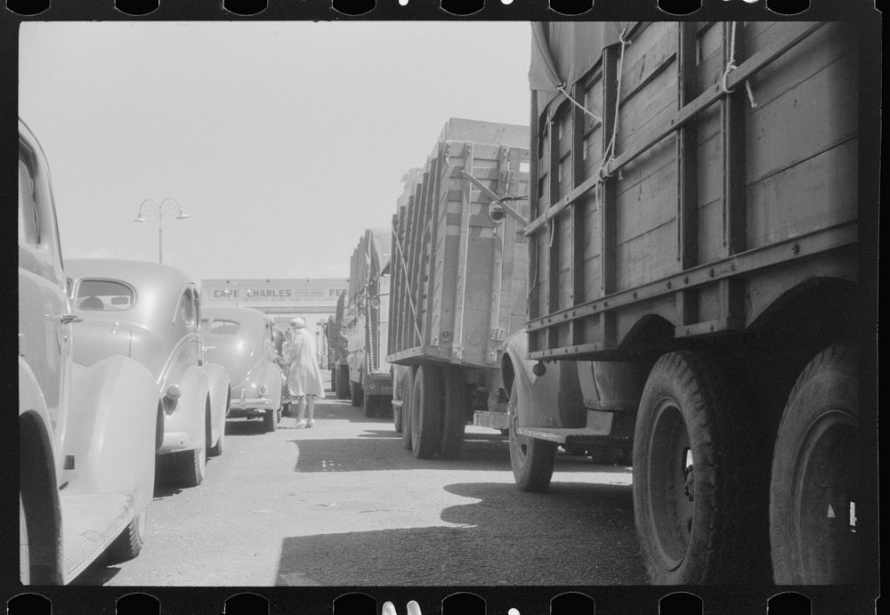 Trucks and cars waiting at Little Creek, Virginia for the Cape Charles ferry. Sourced from the Library of Congress.